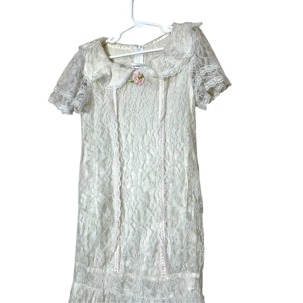 Vintage Jessica McClintock GUNNE SAX White Lace Trim Cottage Prairie Girls Dress